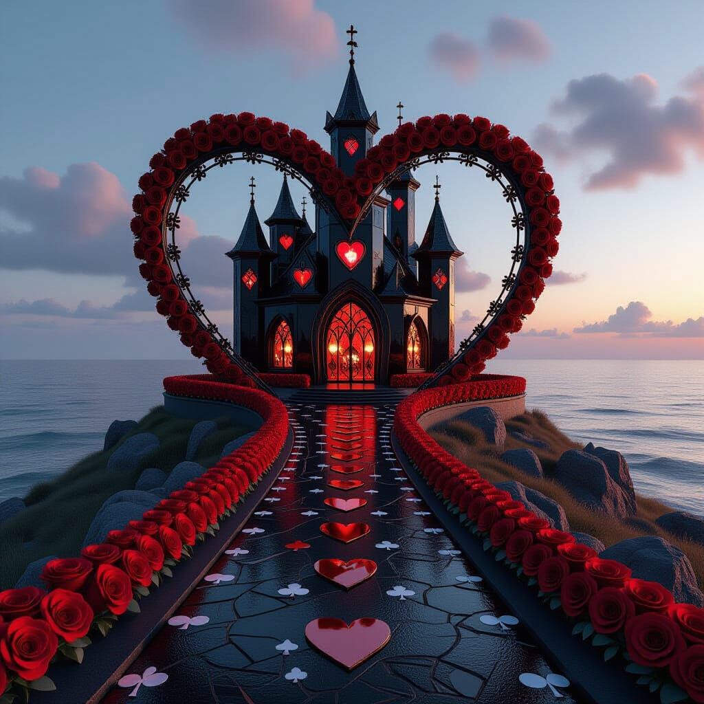 Black Glass Castle Above Ocean with Heart Gate