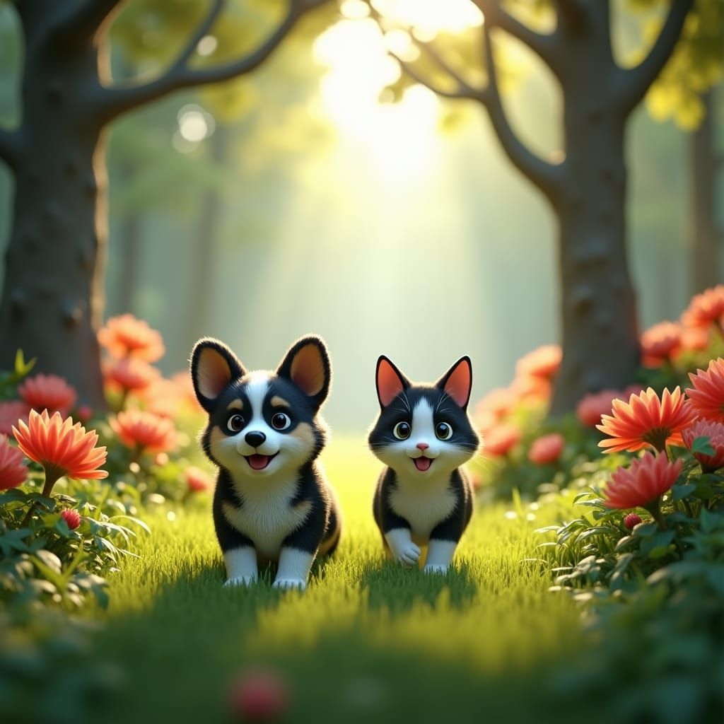 Corgi and Cat Stroll in Hyper-Realistic 3D Forest