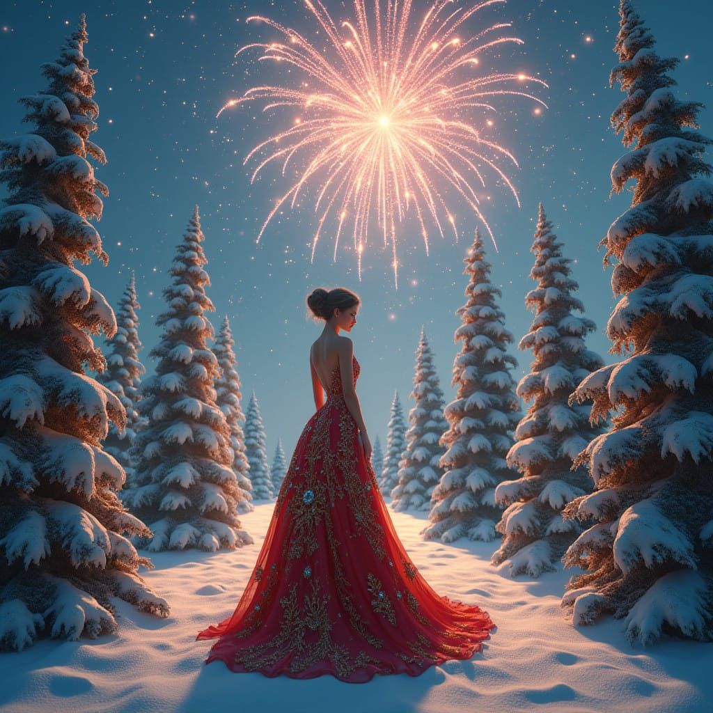 Regal Christmas Queen Under Vibrant Fireworks