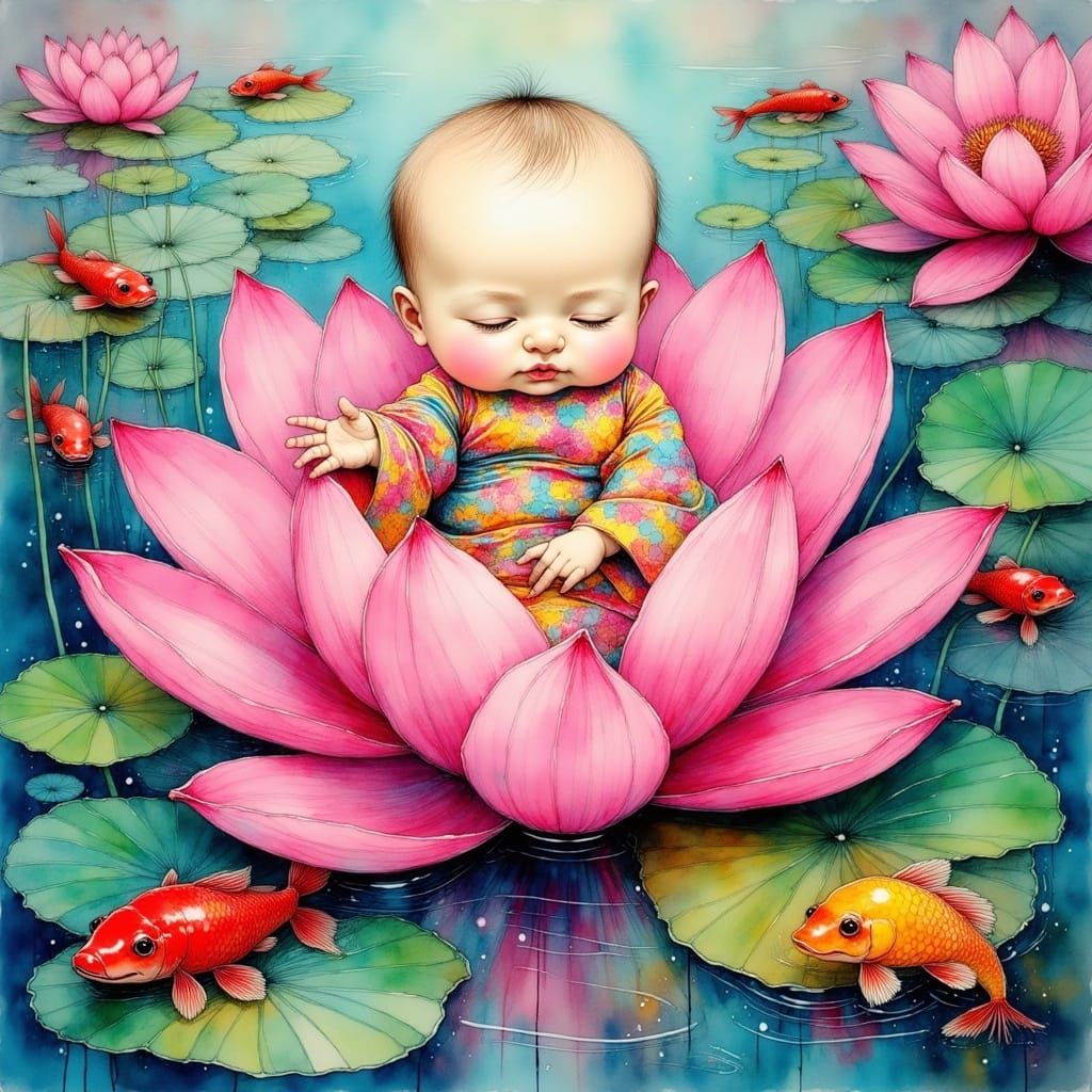 Chinese Baby in Lotus Blossom, Matisse Inspired