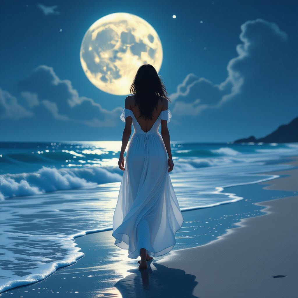 Moonlit Beach Walk: Surreal 3D Digital Art