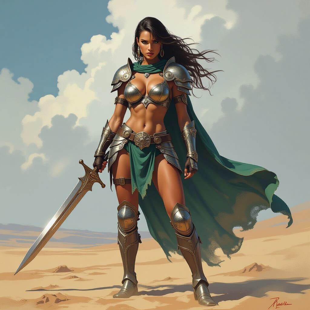 Female Warrior in Metallic Armor on Desolate Plain