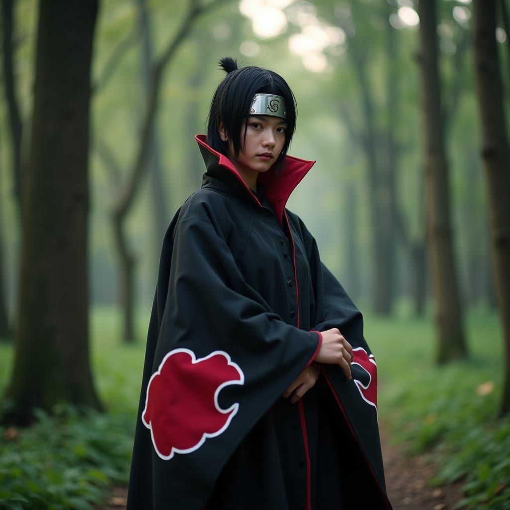 Cosplayer as Akatsuki Member in Serene Forest Landscape