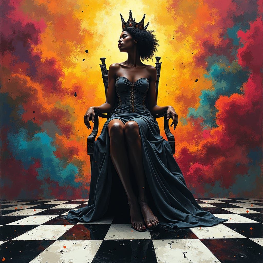 African Queen on Chessboard Throne in Pop Art Style