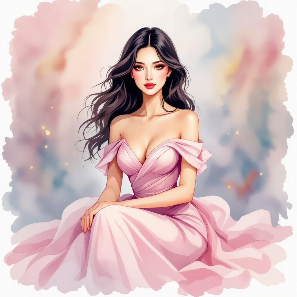 Woman in Pink Gown: Watercolor Alcohol Ink Art