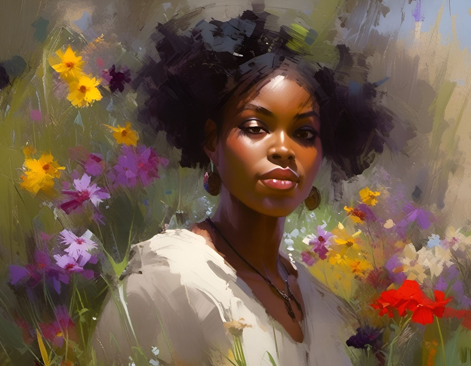 "create a beautiful black woman in a "garden wildflowers impressionism painting (by Pino Daeni) Pixar, Disney, concept a...