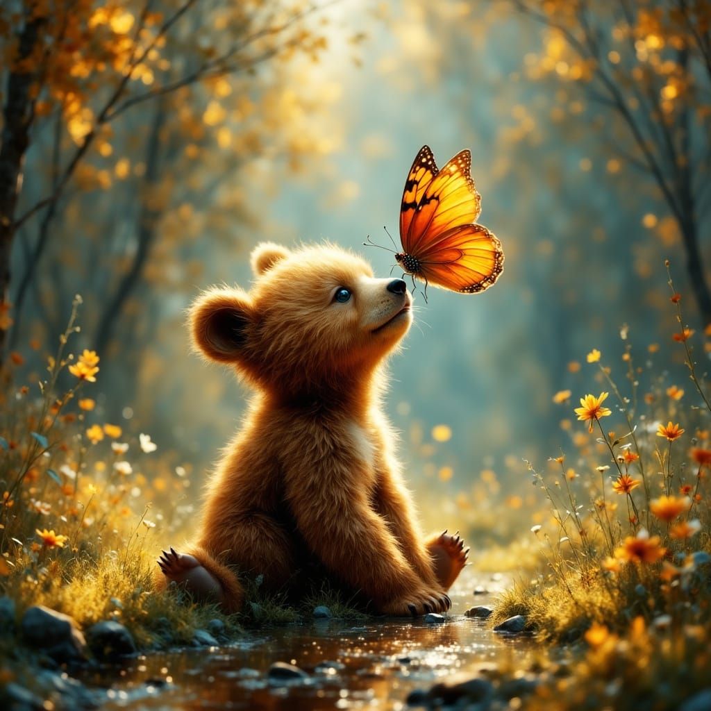 Whimsical Grizzly Bear Cub Enchanted by Vibrant Butterfly
