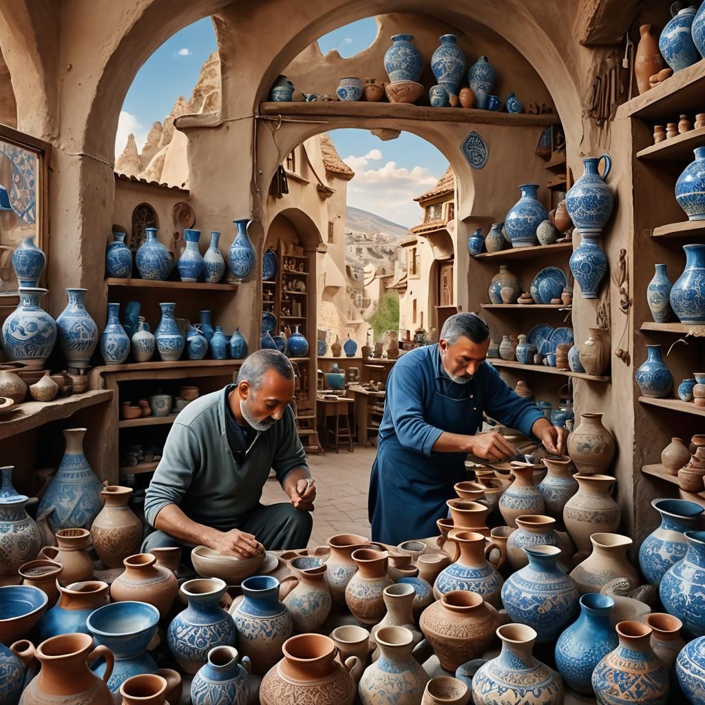 Turkish Pottery Makers in Cappadocia: Pottery makers crafting intricate, hand-painted ceramics, with Cappadocia’s unique...