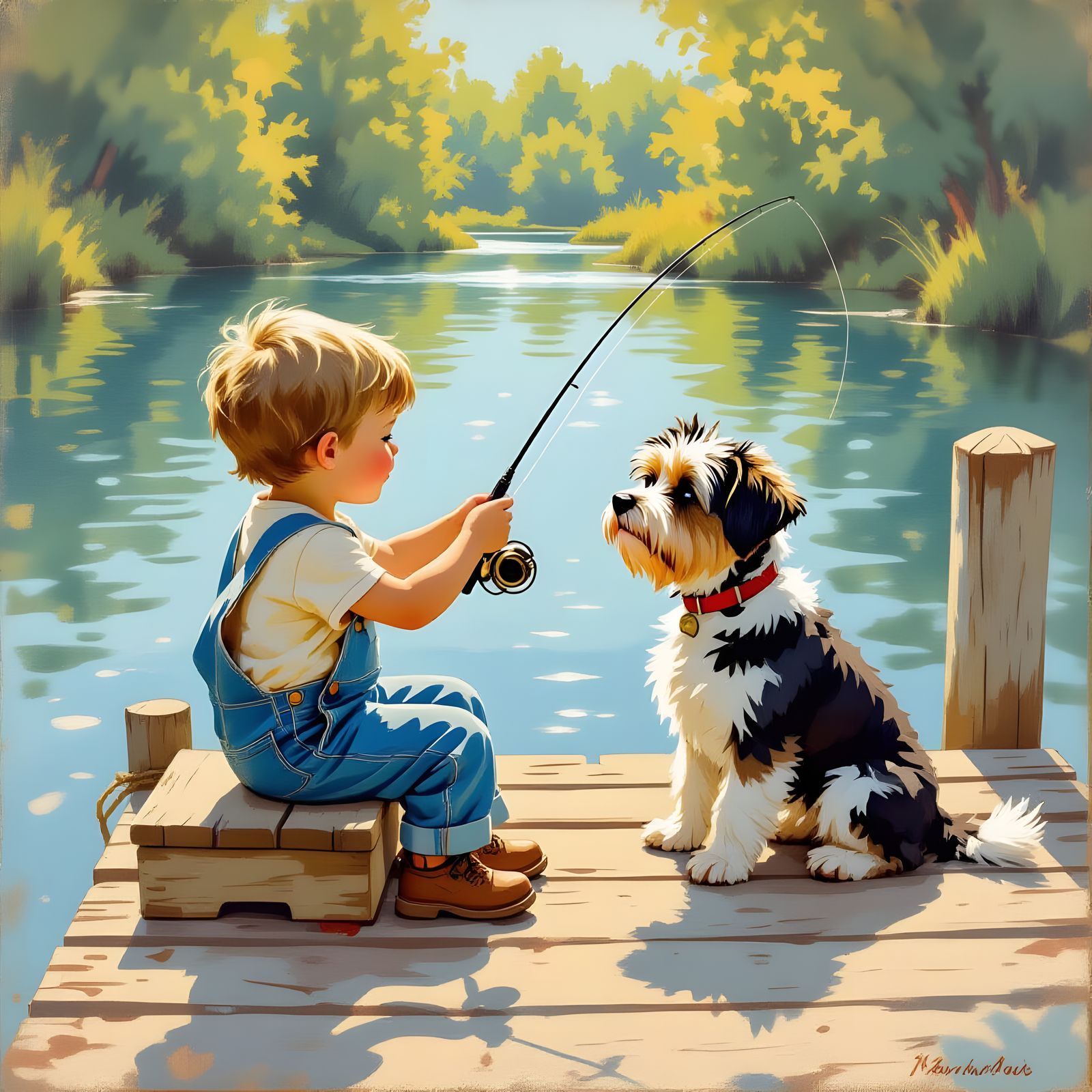 Boy Fishing With Dog on Old Dock in Storybook Style