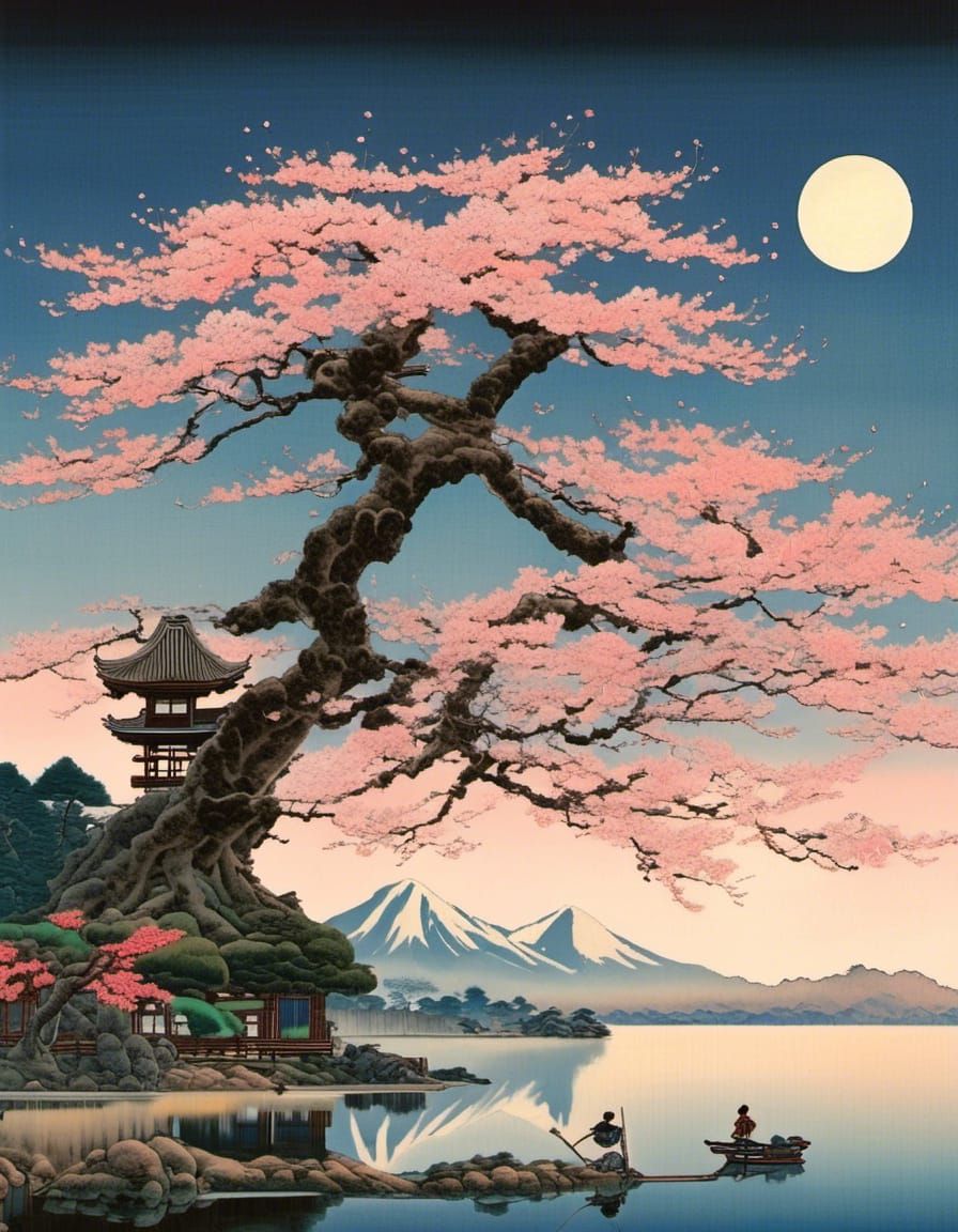 Ancient Sakura Tree with Geishas in Moonlight