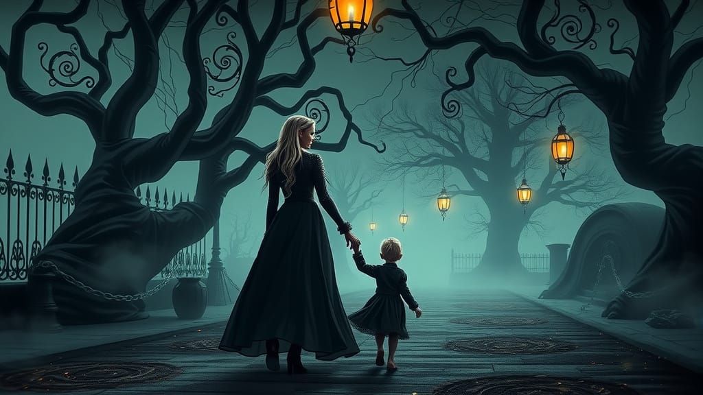 Mystical Walk: Woman and Child in Dreamlike Environment