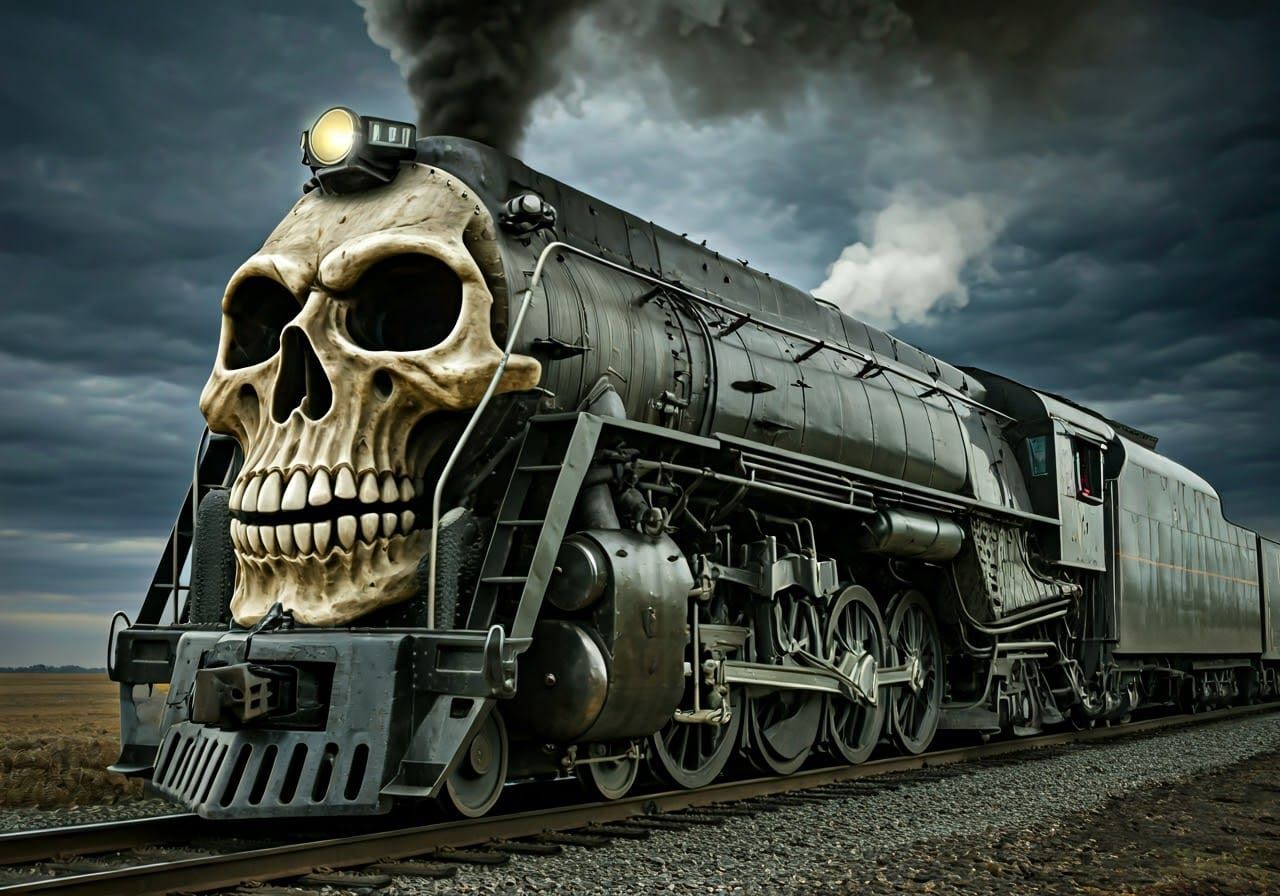 Surreal Steam Train with Skull Locomotive