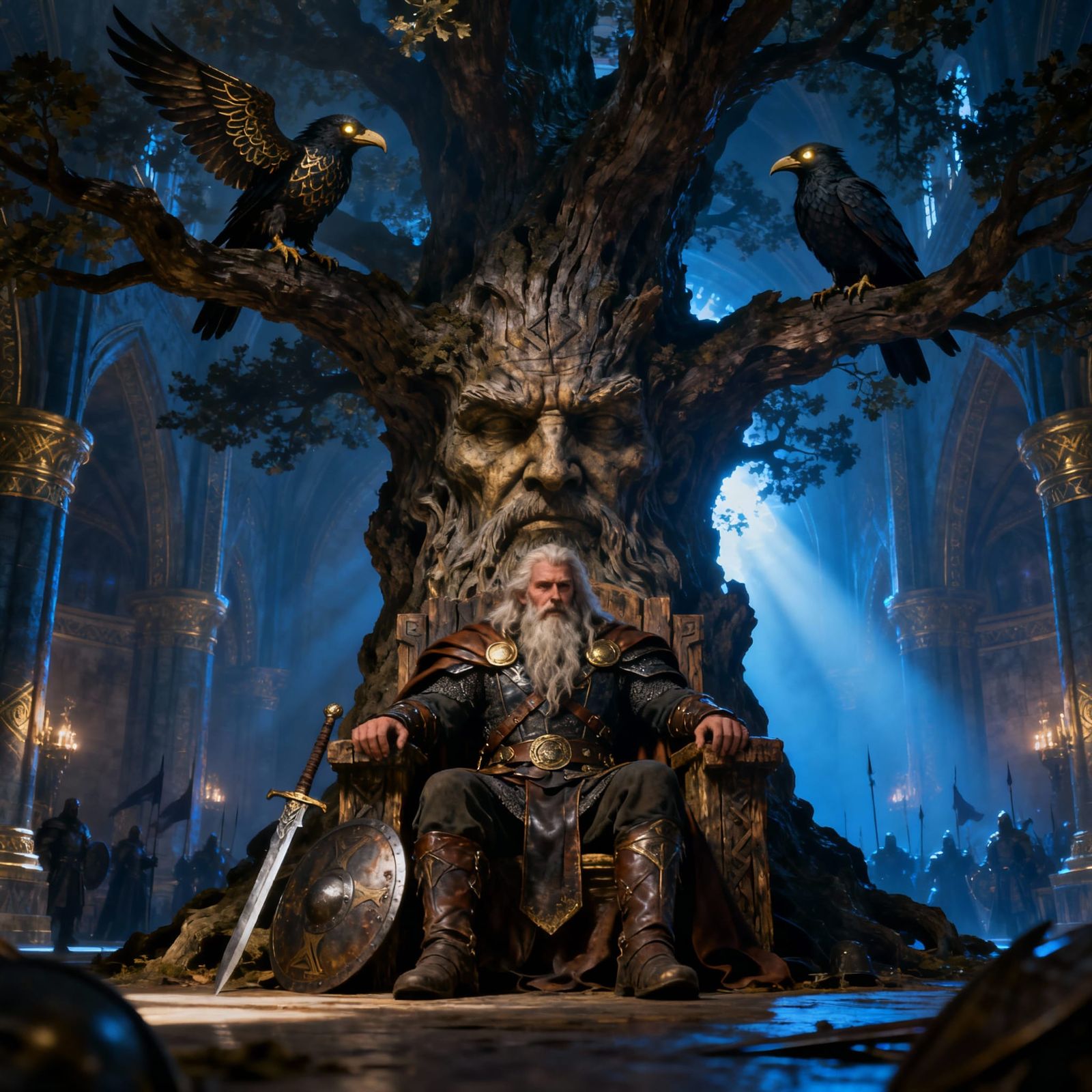Odin on Tree Throne in Valhalla, Dark Fantasy