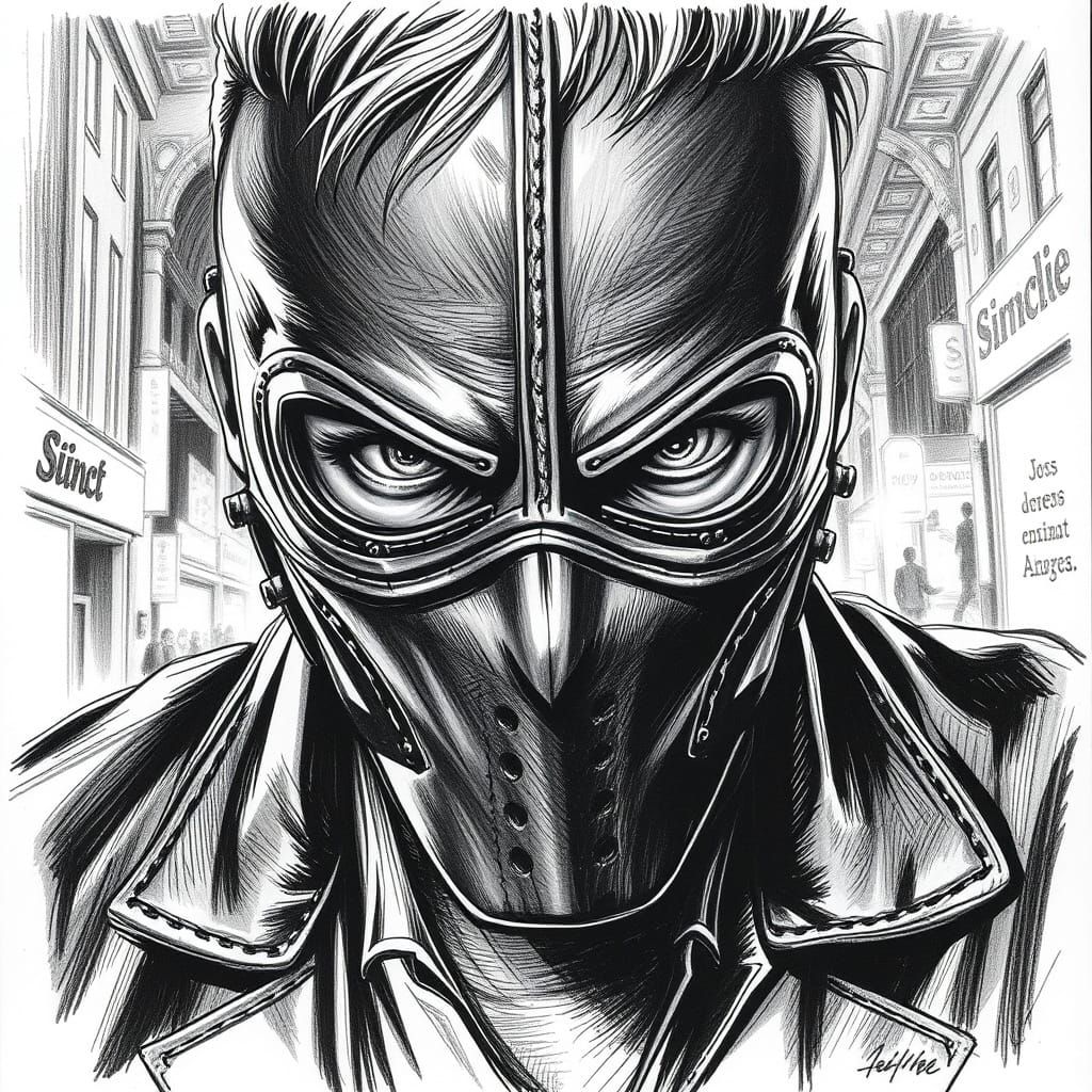 Intense Graphite Sketch of Masked Man in Sin City Style