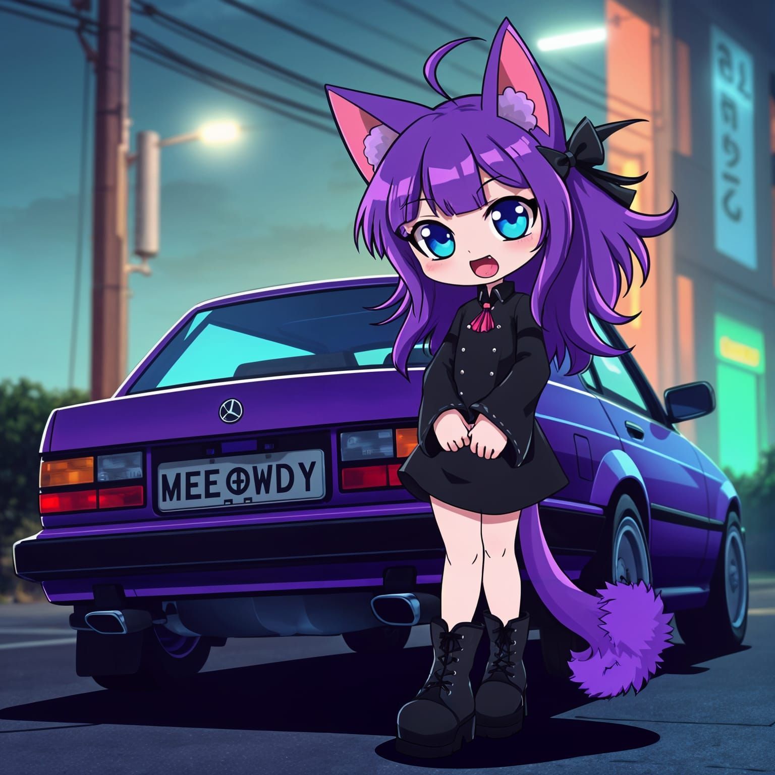 Adorable Synthwave Catgirl Cruises in Her Purple Ride