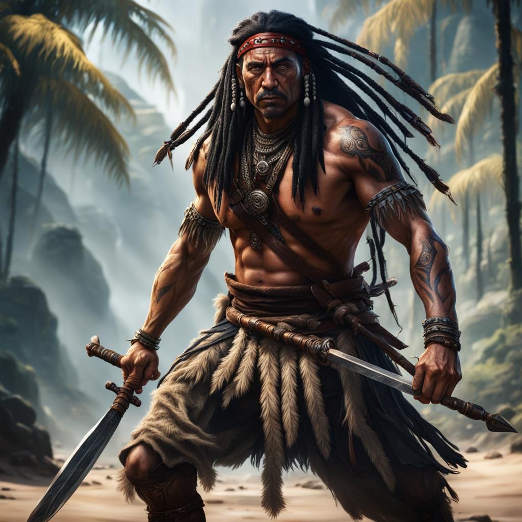 Samoan Warrior with Sword in Detailed Matte Painting