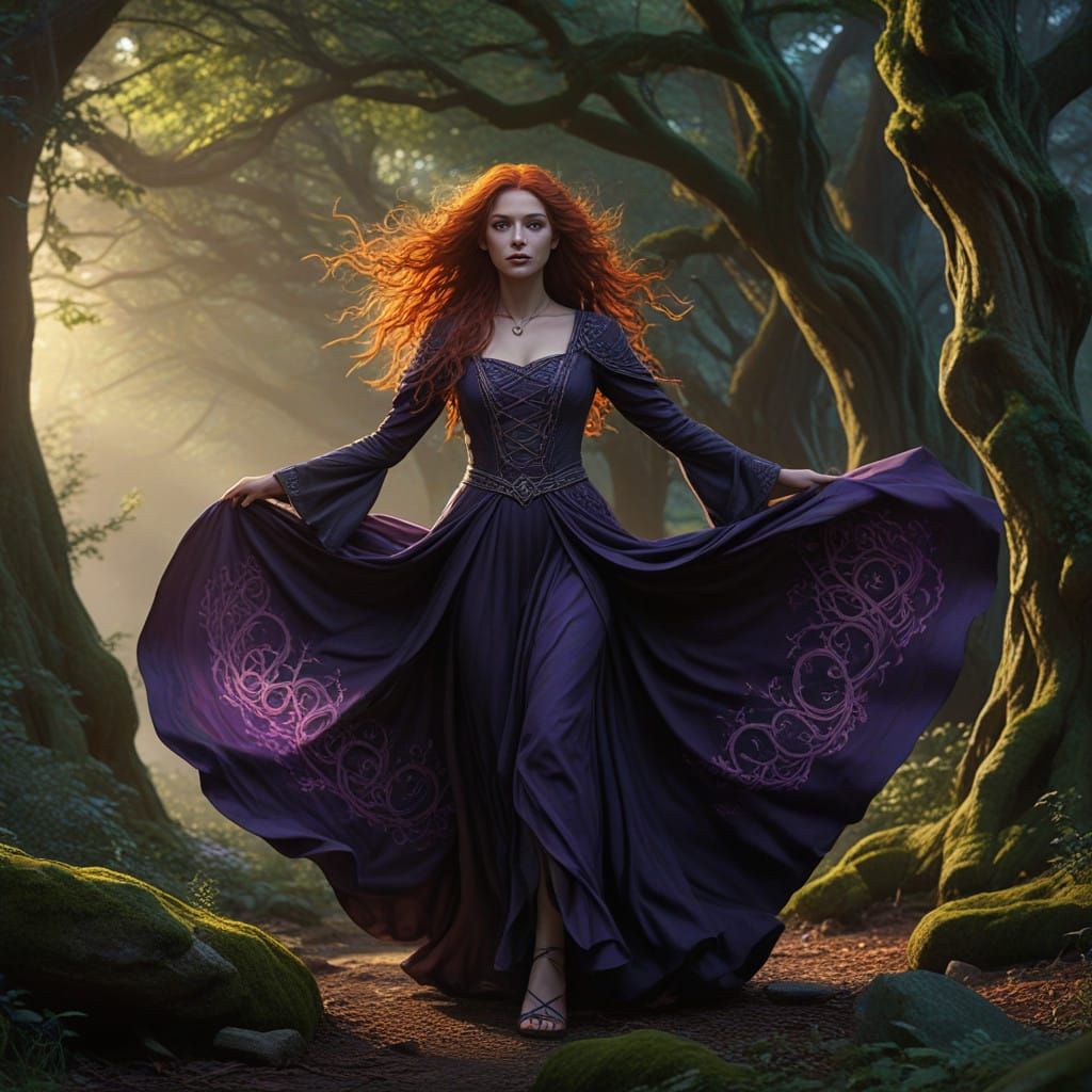 Mystical Celtic Sorceress Weaves Spell in Ancient Forest