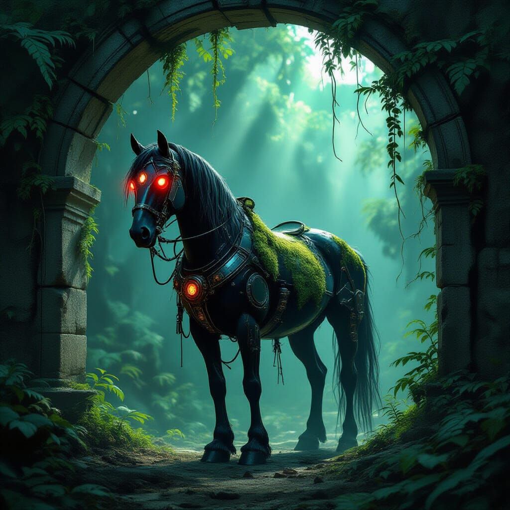 Steampunk Horse in Dark Fantasy Jungle