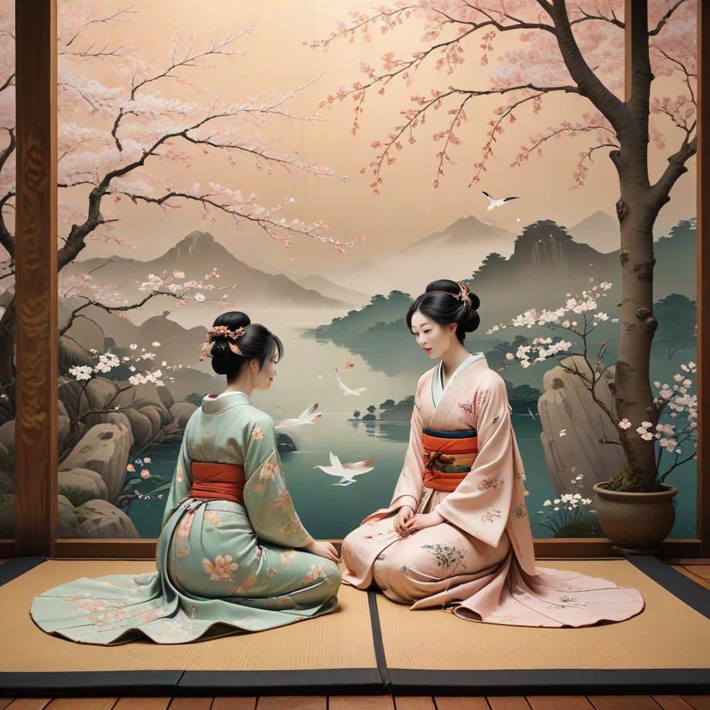 Ukiyo-e Noblewomen Under Cherry Blossoms with Cats