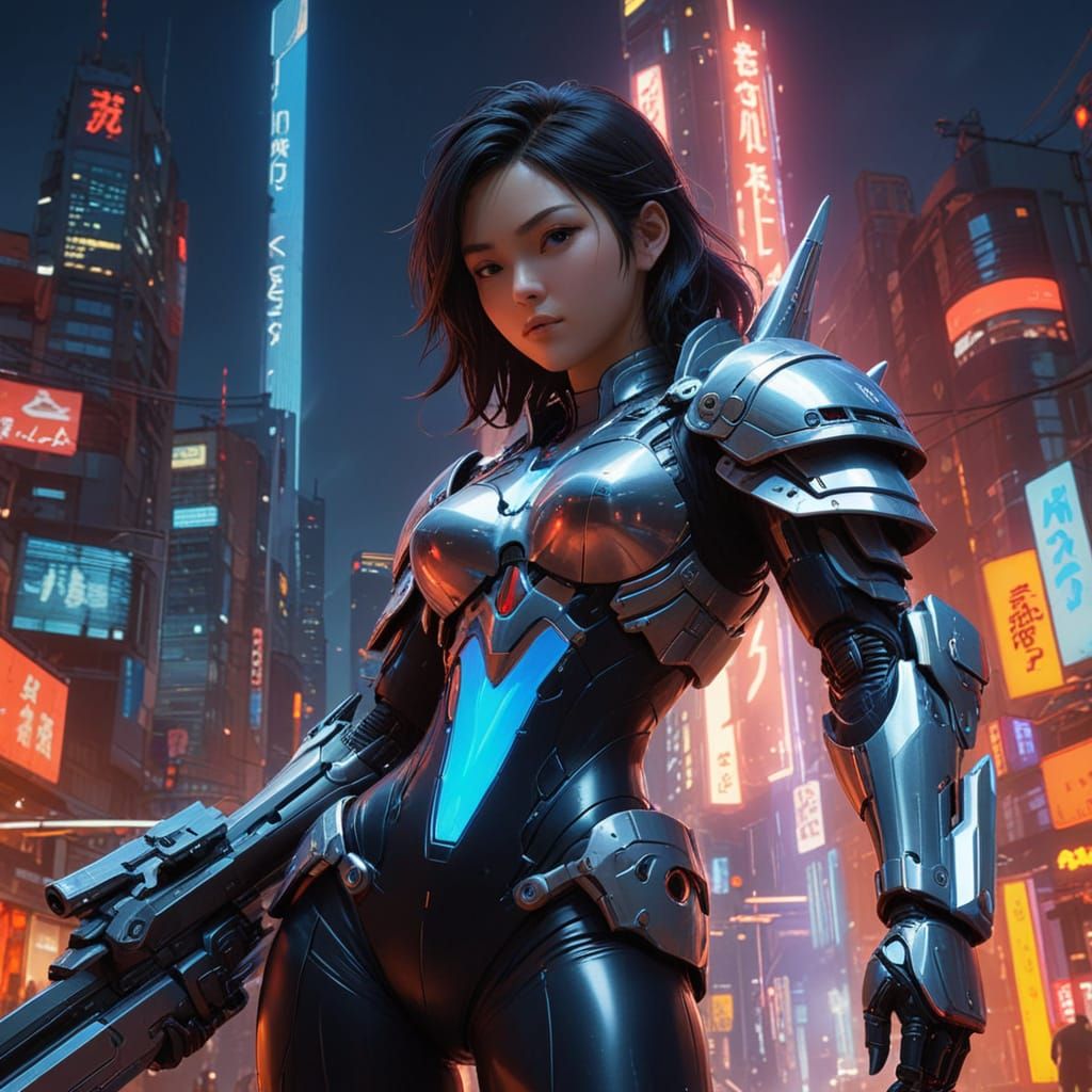 Cyberpunk Heroine in Neon-Lit Cityscape