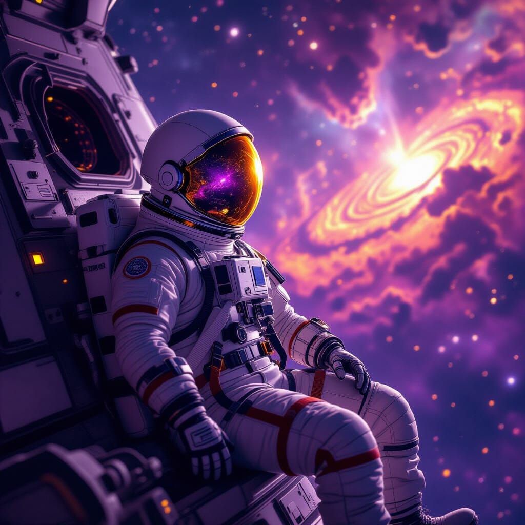 Astronaut Adrift Among Purple and Gold Nebulae