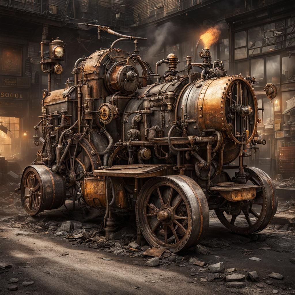 Steampunk Street Cleaner in Post-Apocalyptic World
