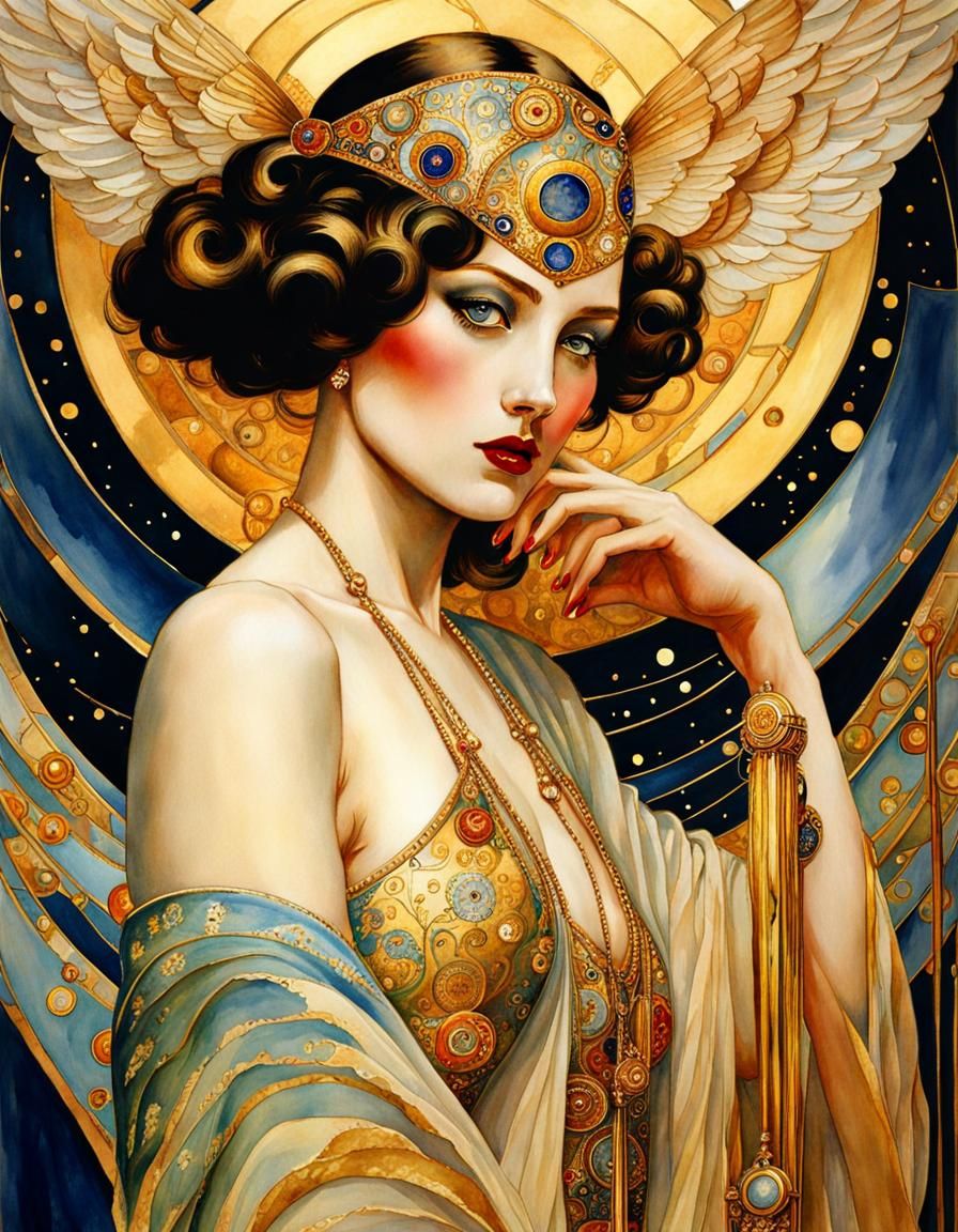 Art Deco Angel in Watercolor Style