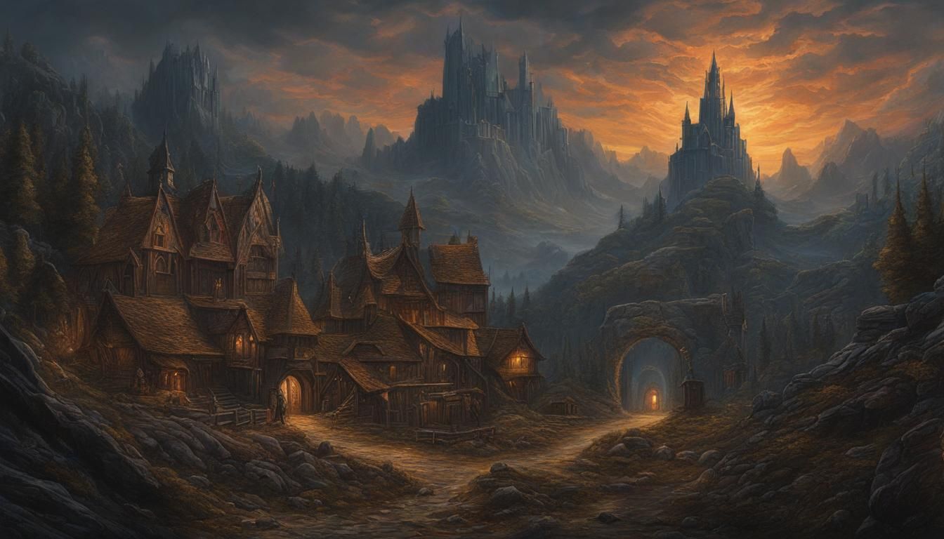 Dark Fantasy Medieval Miners Village in Gouache