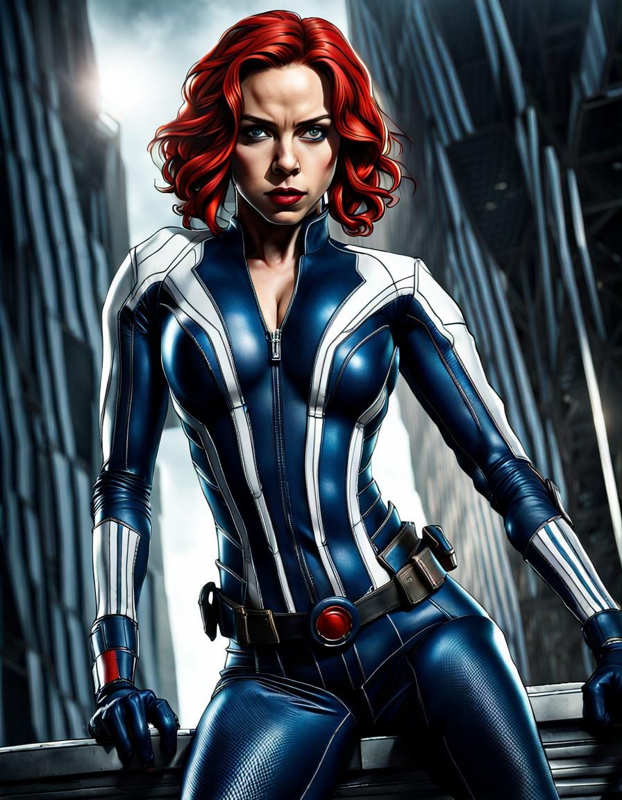 Black Widow in Blue and White Leather Suit