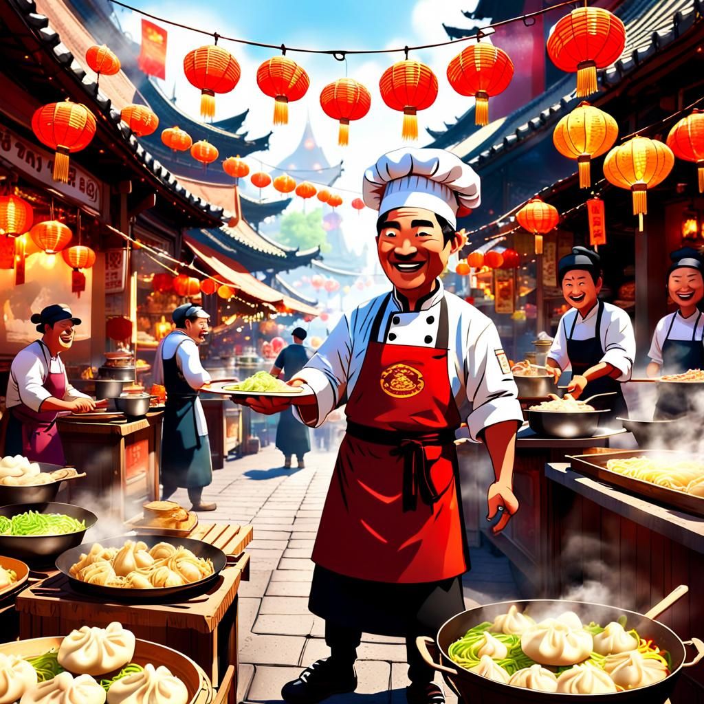 Energetic Chinese Food Stall in Pixar Style
