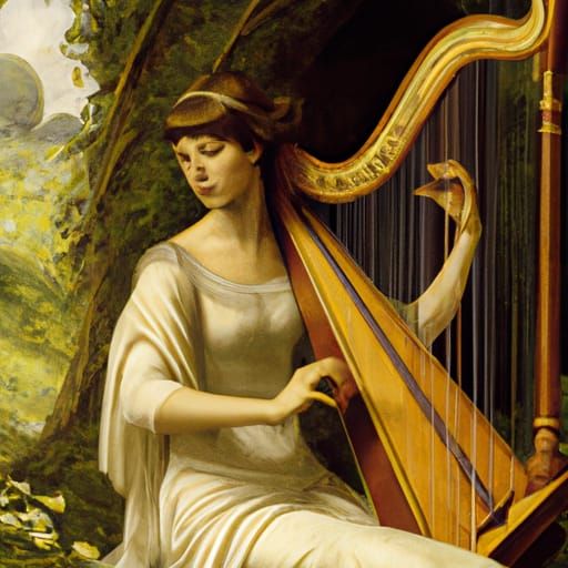A masterful painting of a beautiful young woman playing the ...