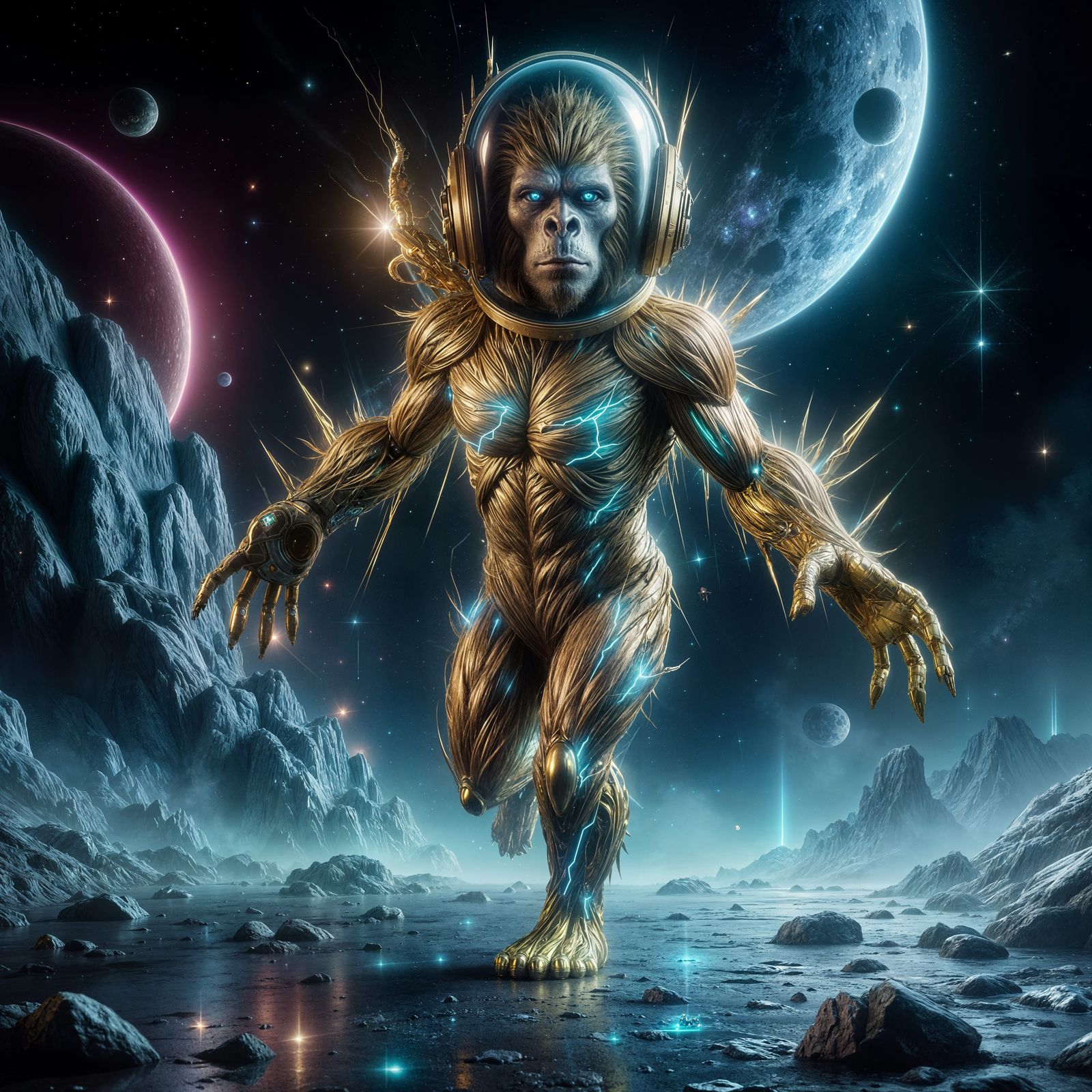 Golden Gorilla Astronaut Leaps from Spaceship