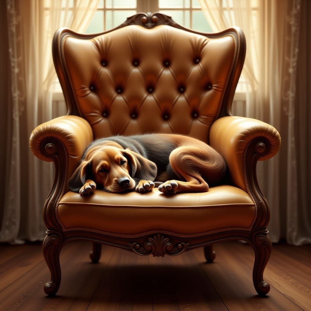 Basset Hound Puppy Sleeps in Vintage Armchair