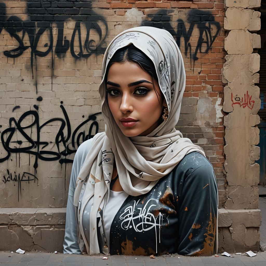 Arab Girl in Cityscape Graffiti, 8K Unreal Engine