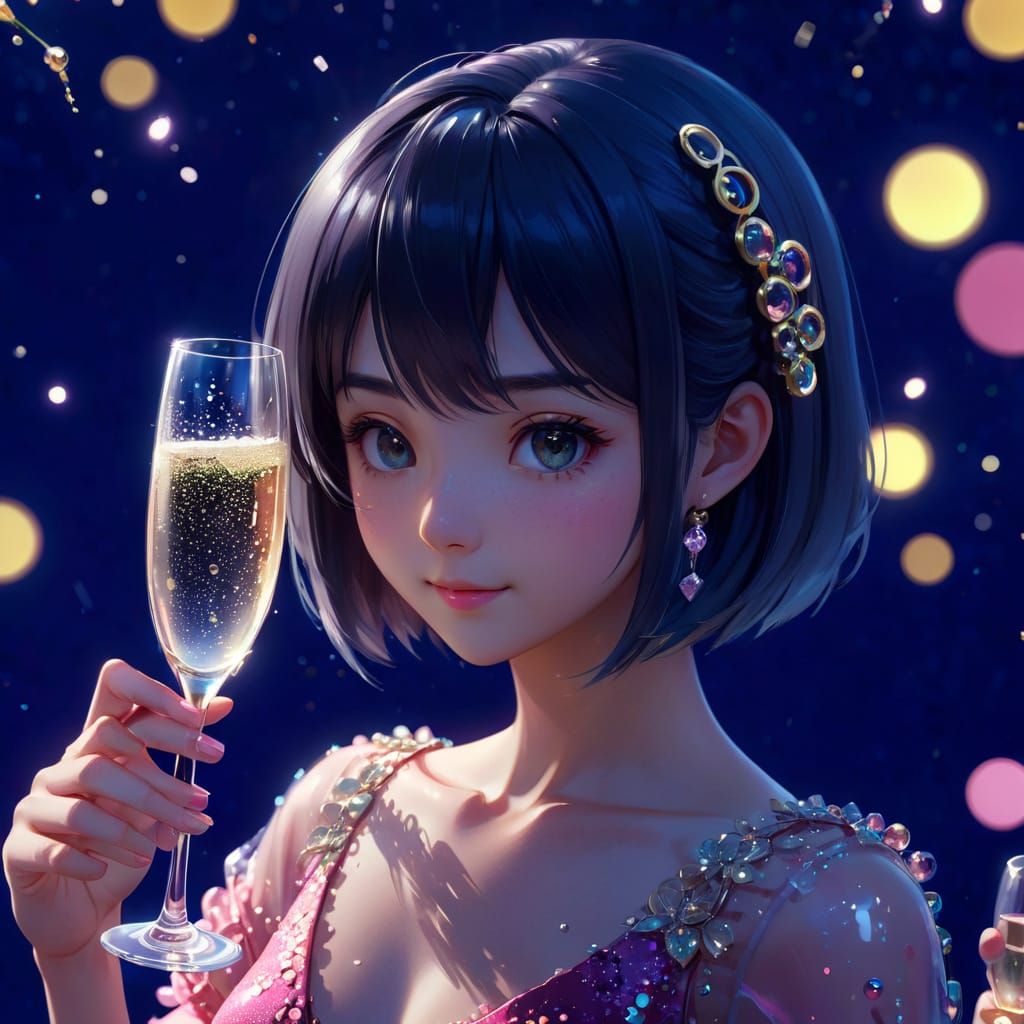 Anime Woman with Champagne Glass in Pink Dress