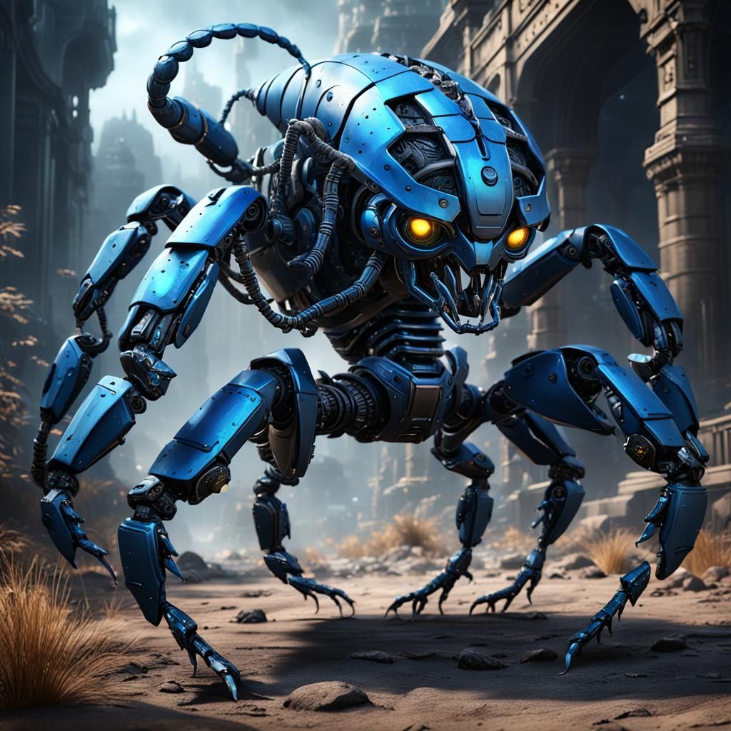 Detailed Black and Blue Scorpion Robot in Matte Style