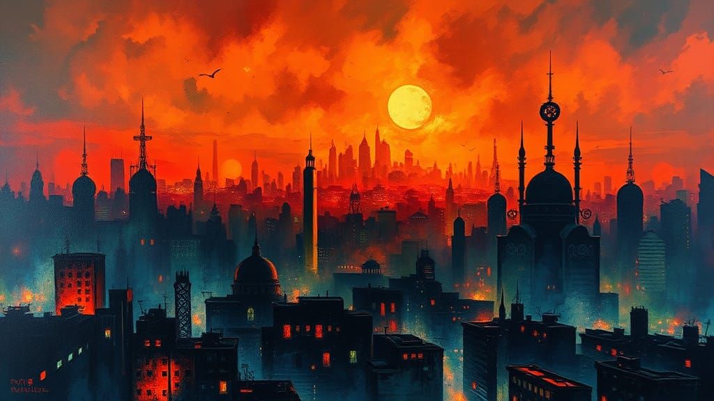 Dystopian Cityscape in Fluorescent Watercolor Style