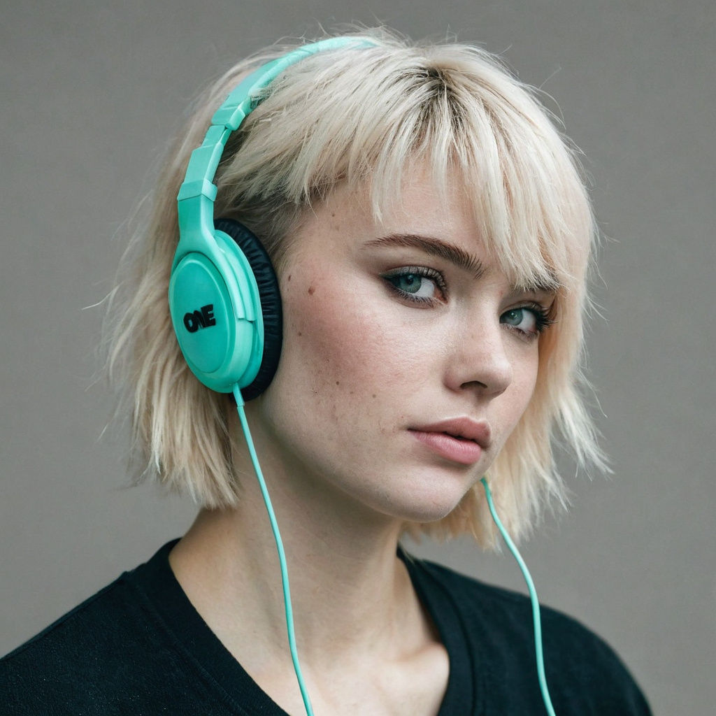 Blond Girl with Shaved Hair Wearing Headphones