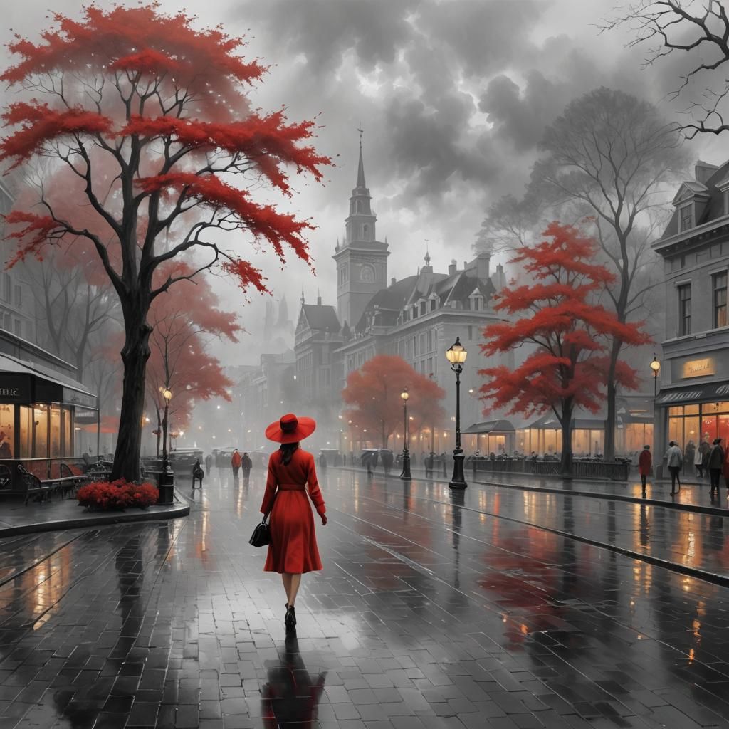 City Square After Rain: Elegant Girl in Red