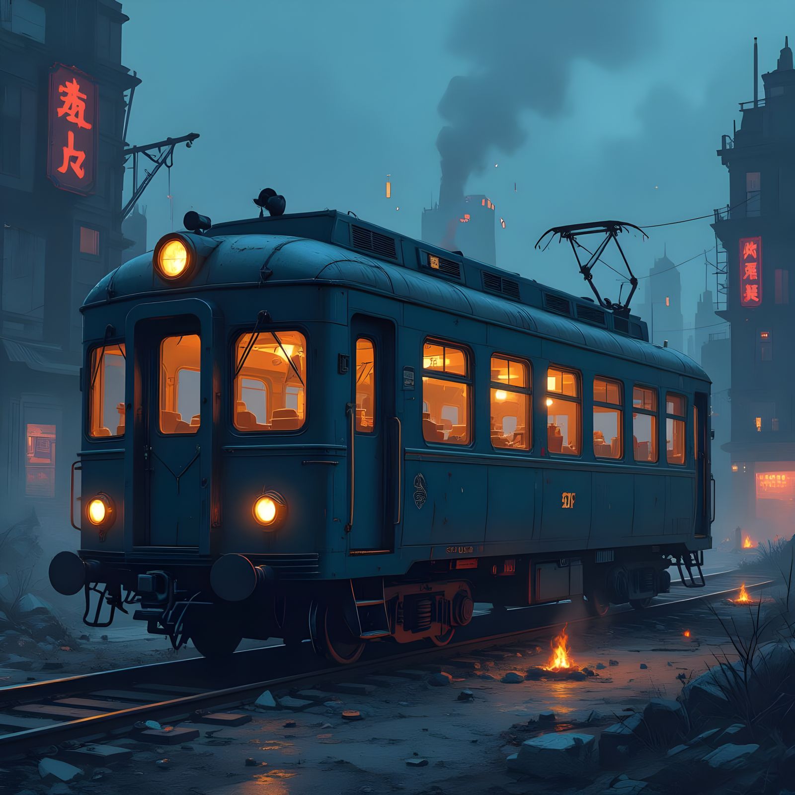 Steampunk Cyber Cafe Train in Apocalyptic Cityscape