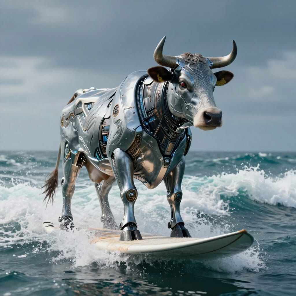 Biomechanical Cow Surfs Epic Sci-Fi Wave