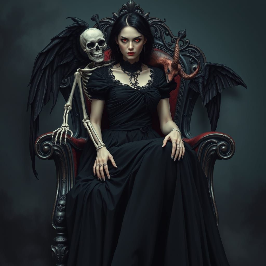Dark Gothic Queen with Demonic Companion and Winged Shoulder...
