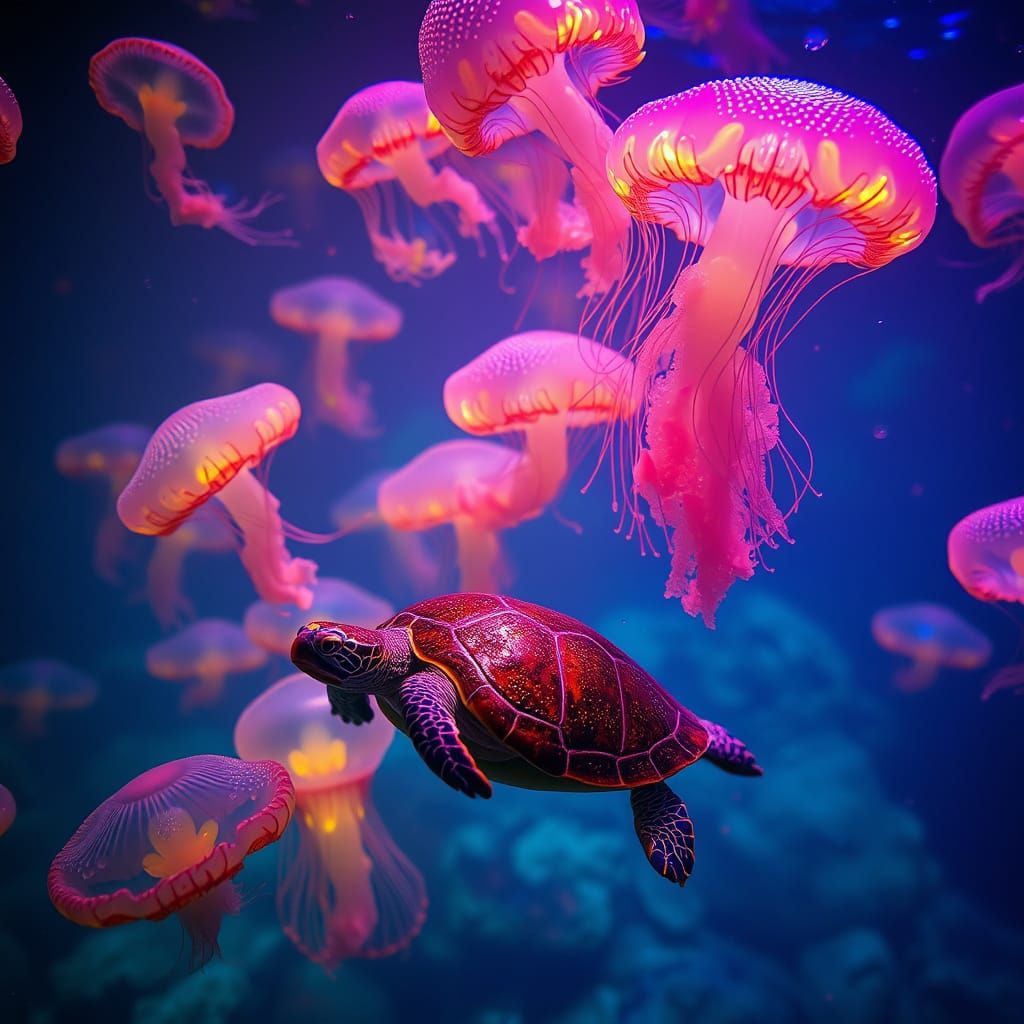 Iridescent Jellyfish and Turtles in Hyper-Realistic Style