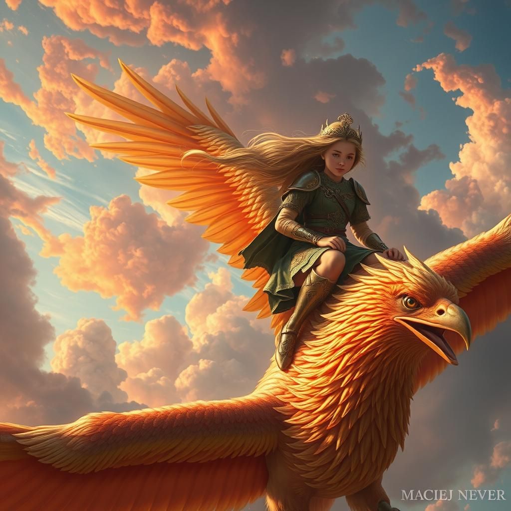Girl Riding Phoenix in a Surreal Crimson Sky