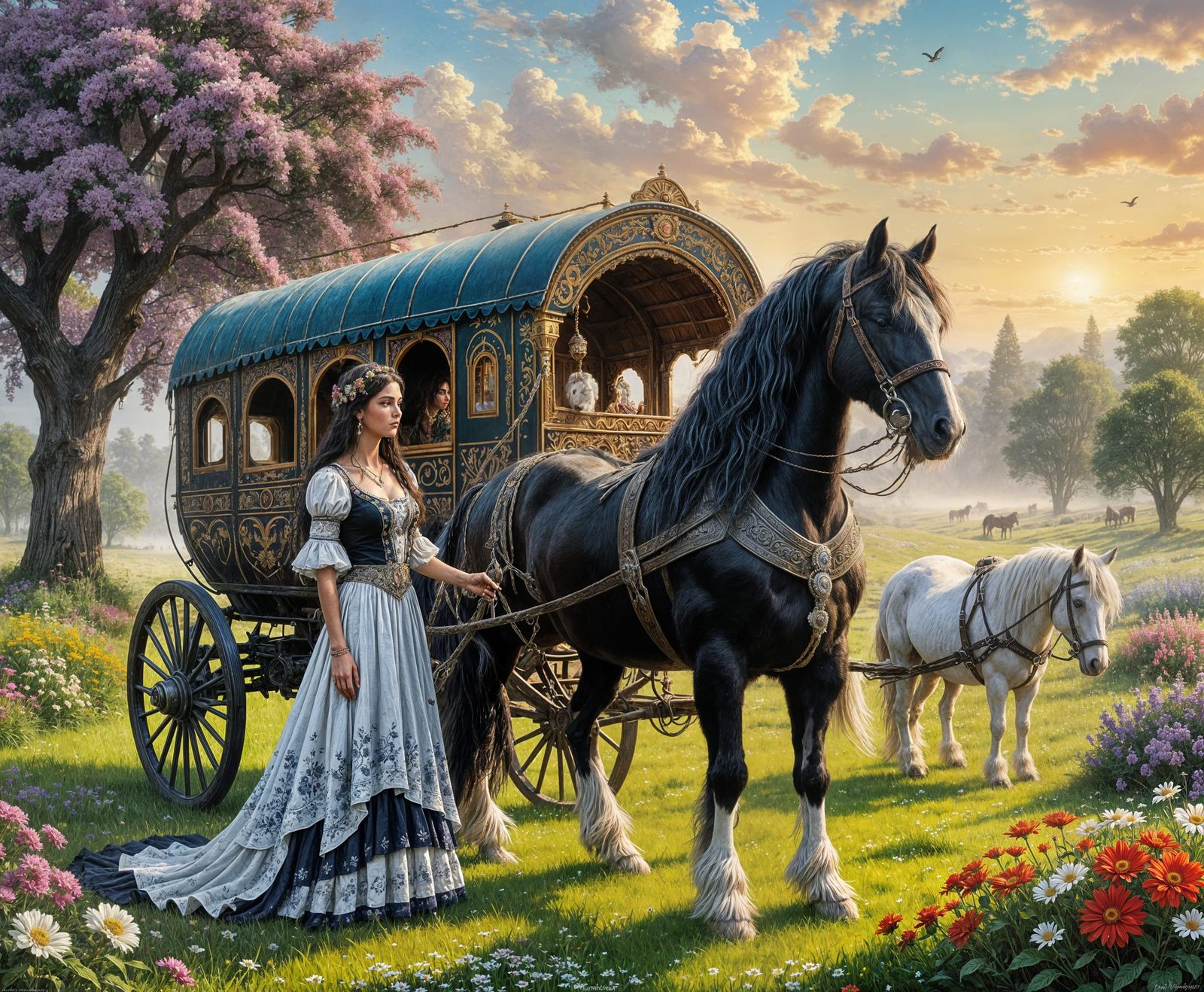 Gypsy Caravan with Woman and Vanner Horses