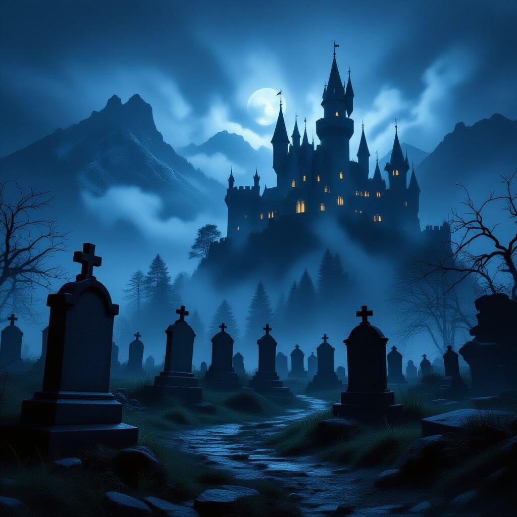 Spooky Cemetery and Horror Castle in Foggy Night