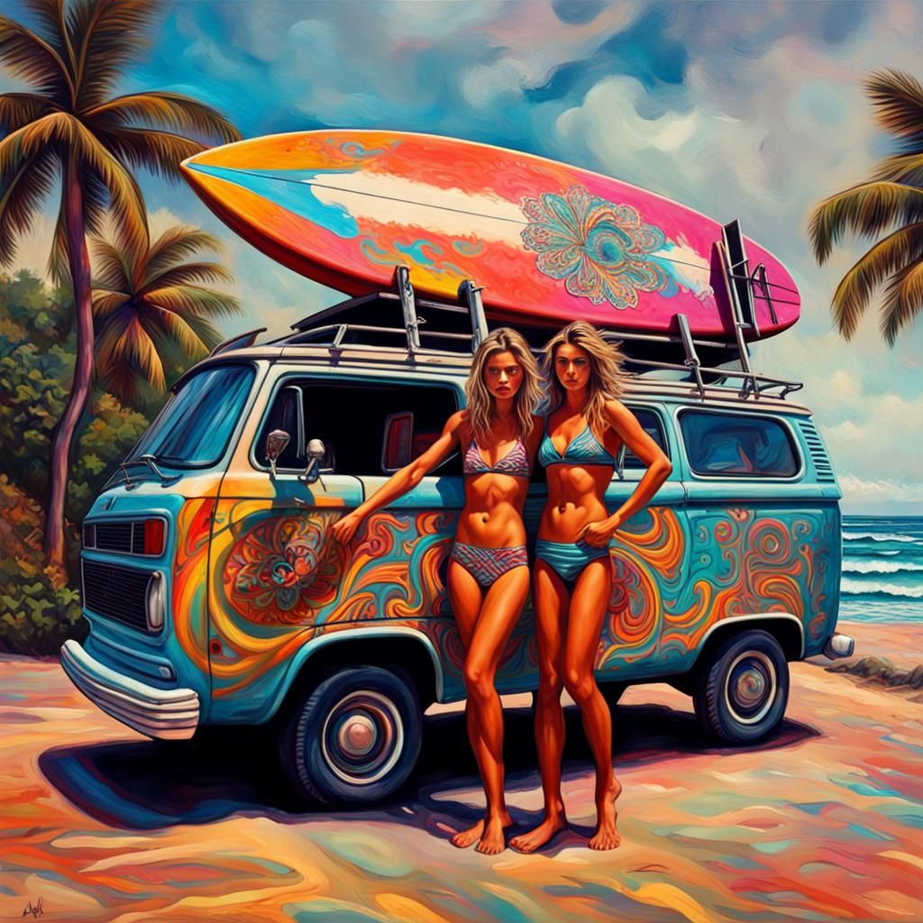 Psychedelic 80s Van with Surfer Girls, Hyperrealistic Painti...