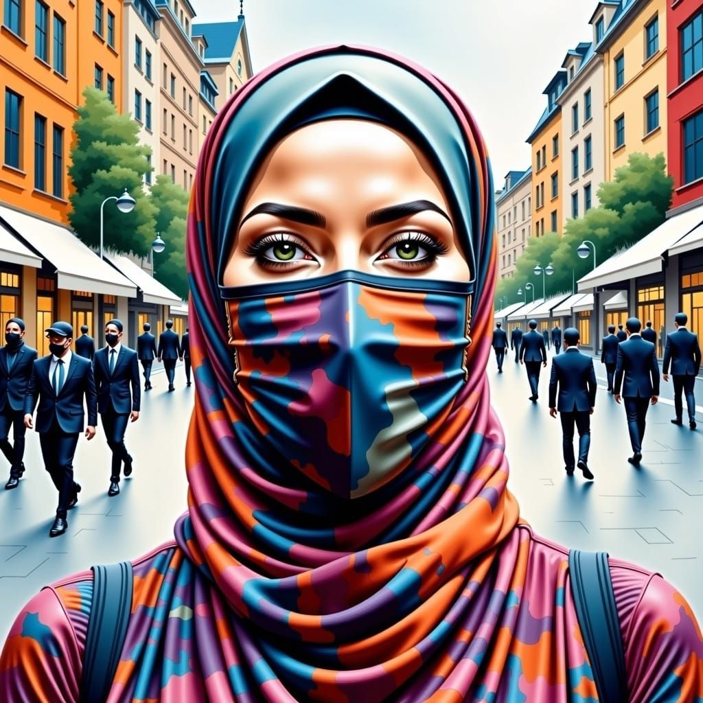 Beautiful Woman in Hijab and Mask in Oil Painting