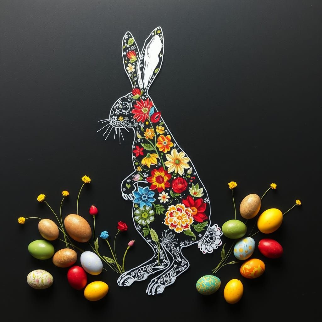 Vibrant Easter Rabbit Silhouette in Fractal Florals and Pyro...