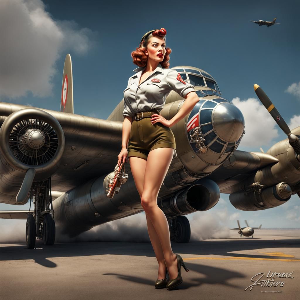 WWII Pin-Up Girl with B-52 Bomber in Hyperrealism